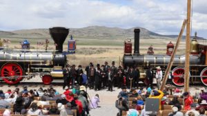 two trains in reenactment of the 1869 Golden Spike ceremony