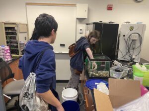 Two people in a room with various equipment. One person is placing something into an aquarium filled with rocks. The other person, with a backpack and a bag, is holding a blue bucket. Shelves and a whiteboard are visible in the background.