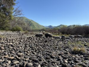 A dry, rocky riverbed with scattered stones and sparse vegetation, surrounded by green hills under a clear blue sky.